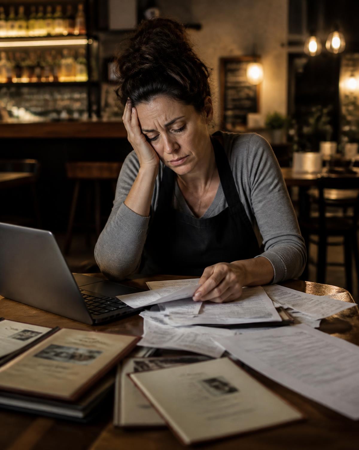 A restaurant owner surrounded by printed menus and invoices late at night
