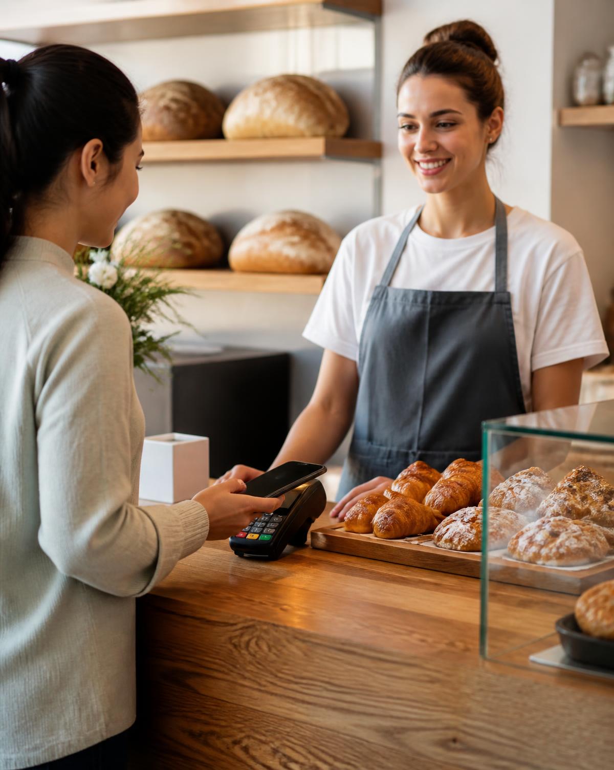 A customer paying with their phone at a bakery counter