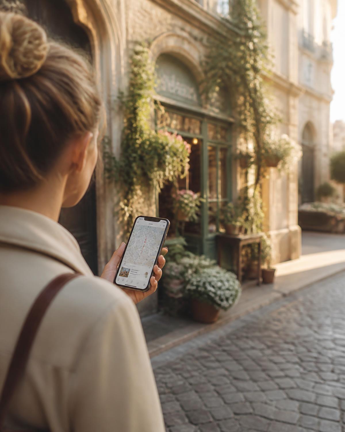A person on a European street finding a shop on their phone