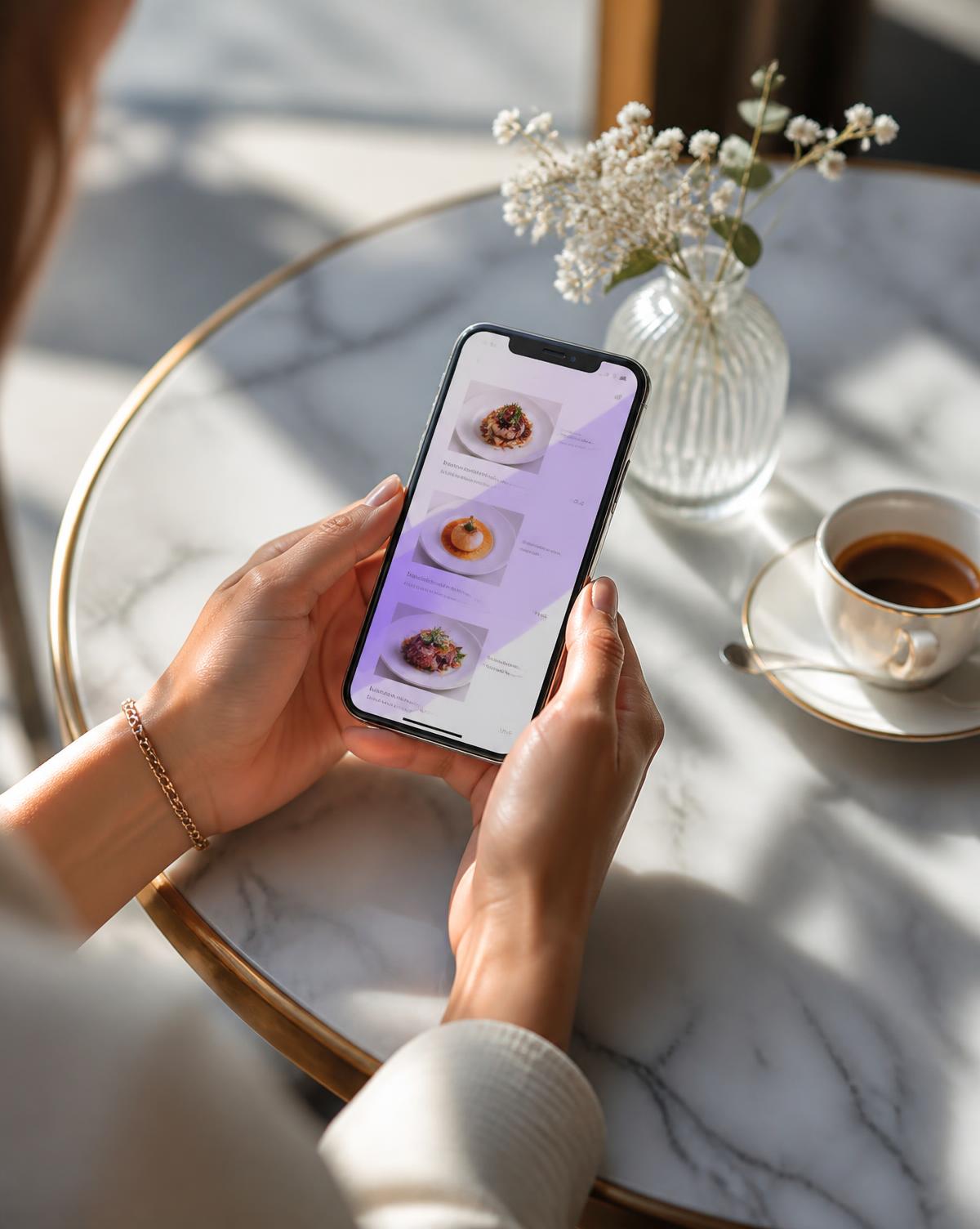 Hands holding a phone showing a digital restaurant menu on a marble table